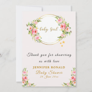 Pink and Gold flower Baby girl baby shower  Thank You Card
