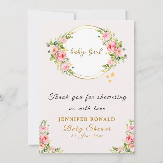Pink and Gold flower Baby girl baby shower  Thank You Card (Front)