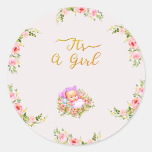 Pink and Gold Flower theme its a girl baby shower Classic Round Sticker
