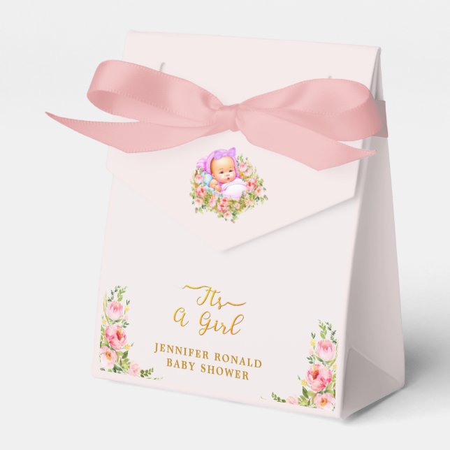Pink and Gold Flower theme its a girl baby shower  Favour Box (Front Side)