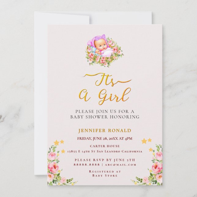 Pink and Gold Flower theme its a girl baby shower  Invitation (Front)