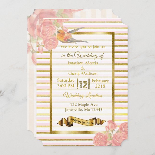 Pink and Gold Flowers and Bird Wedding Invitations (Front/Back)