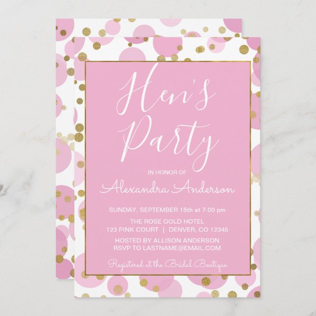 Pink and Gold Foil Confetti Hen's Party Invitation (Front/Back)