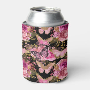 Pink and Gold Foil Floral Butterfly Pattern Can Cooler