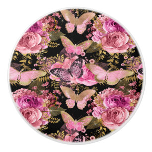 Pink and Gold Foil Floral Butterfly Pattern Ceramic Knob