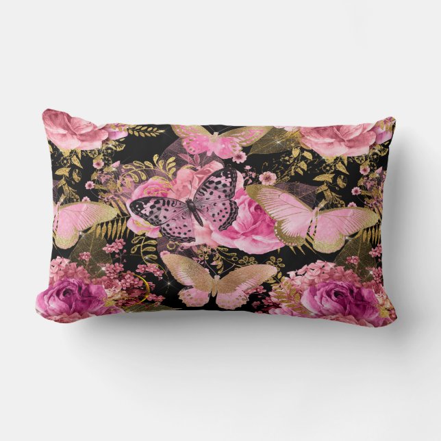 Pink and Gold Foil Floral Butterfly Pattern Lumbar Cushion (Front)