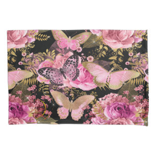 Pink and Gold Foil Floral Butterfly Pattern Pillowcase