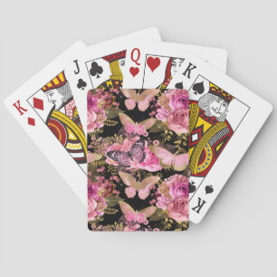 Pink and Gold Foil Floral Butterfly Pattern Playing Cards