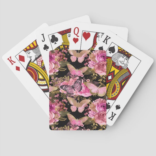 Pink and Gold Foil Floral Butterfly Pattern Playing Cards (Back)