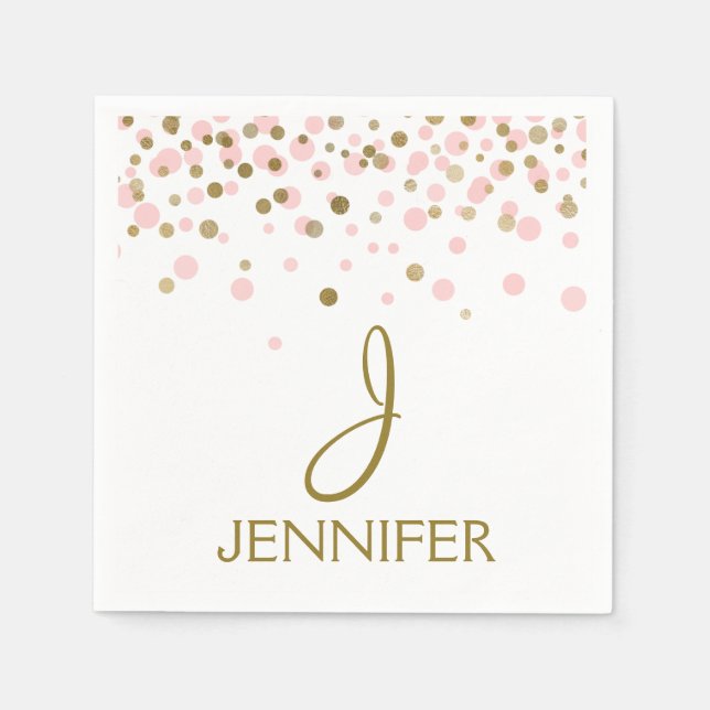 Pink and Gold Foil Girly Confetti Monogram Napkin (Front)