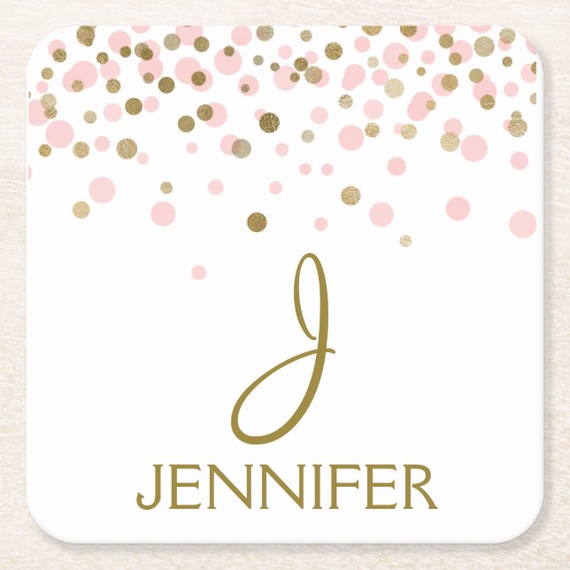 Pink and Gold Foil Girly Confetti Monogram Square Paper Coaster (Front)