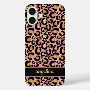 Pink And Gold Foil Leopard Print Monogrammed iPhone 16 Plus Case