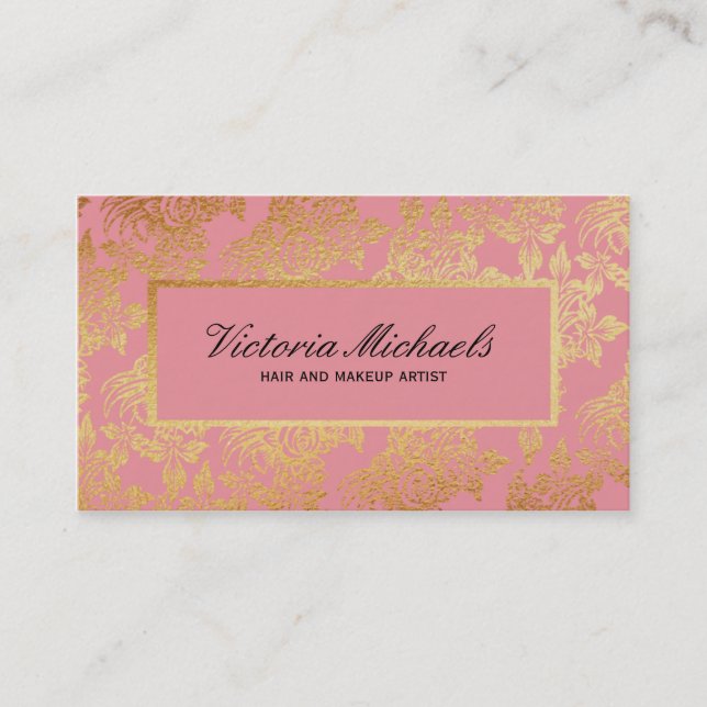 Pink and Gold Foil Look Floral Business Cards (Front)