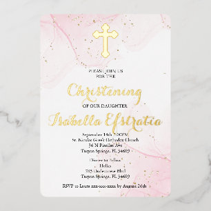 Pink and Gold Foil Marble Christening Invite