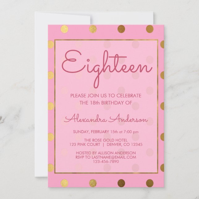 Pink and Gold Foil Polk Dot 18th Birthday Invitation (Front)