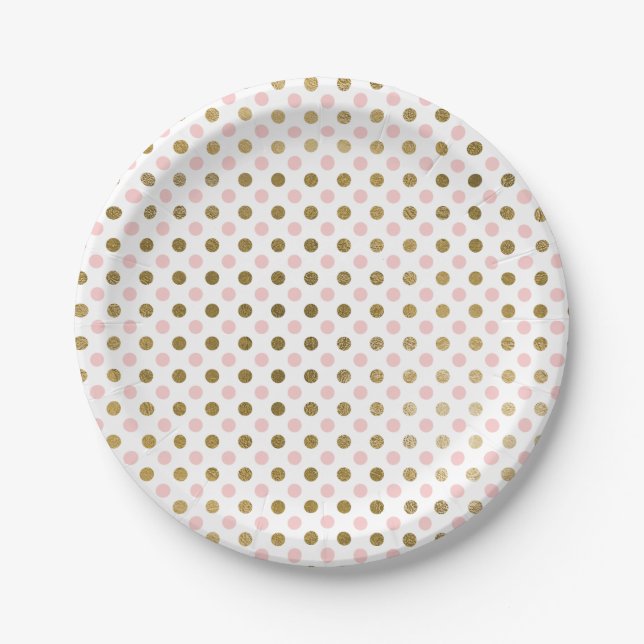 Pink and Gold Foil Polka Dot Pattern Paper Plate (Front)