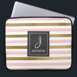 Pink and Gold Foil Stripe Elegant Monogram Laptop Sleeve<br><div class="desc">Pink and Faux Gold Foil Striped Elegant Monogram Case. This case can be customised to include your initial and full name.</div>