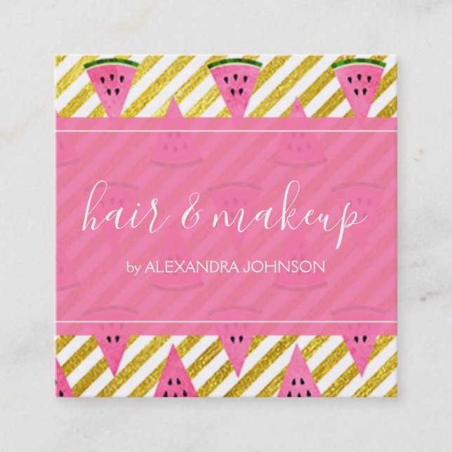 Pink and Gold Foil Summer Watermelon Fun Square Business Card (Front)