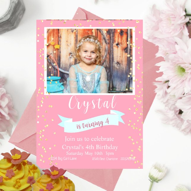 Pink and Gold Fourth Birthday Photo   Invitation (Creator Uploaded)