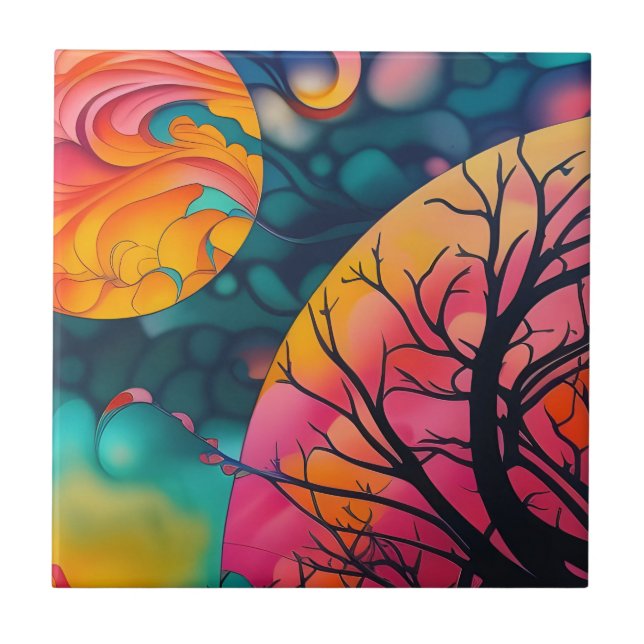 pink and gold full moon Tree Silhouette Ceramic Tile (Front)
