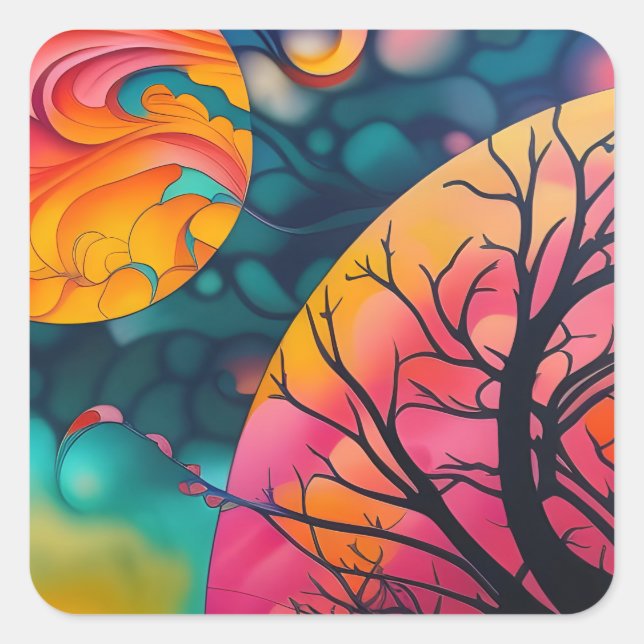 pink and gold full moon Tree Silhouette Square Sticker (Front)