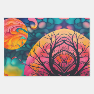 pink and gold full moon Tree Silhouette Wrapping Paper Sheet