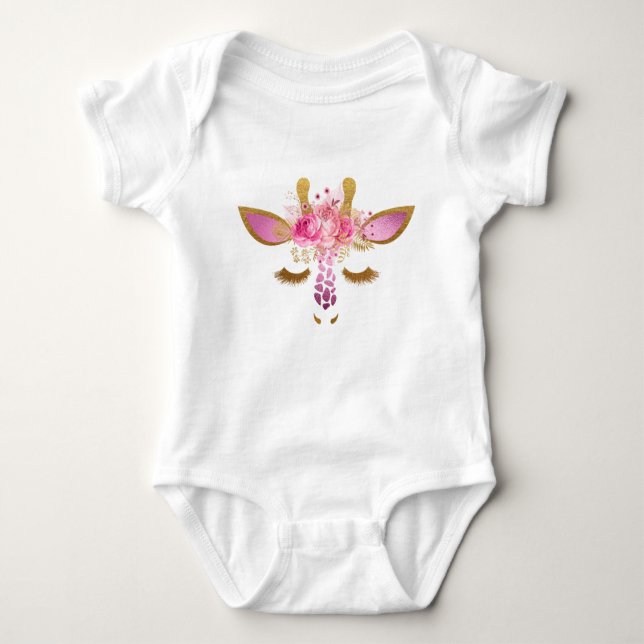 Pink and Gold Giraffe Baby Romper Bodysuit (Front)