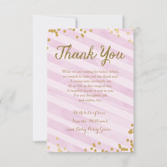 Pink and Gold Girl Baby Sprinkle Shower Thank you Invitation (Front)