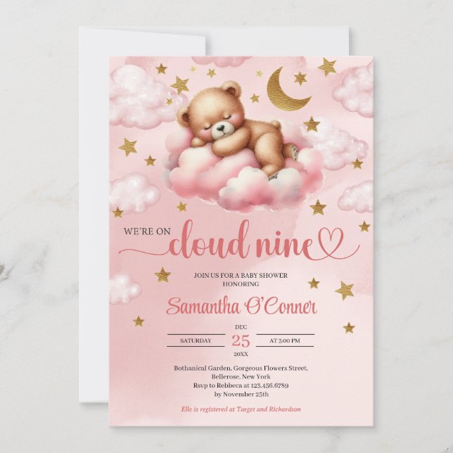 Pink and gold girl bear cloud nine Baby Shower Invitation (Front)