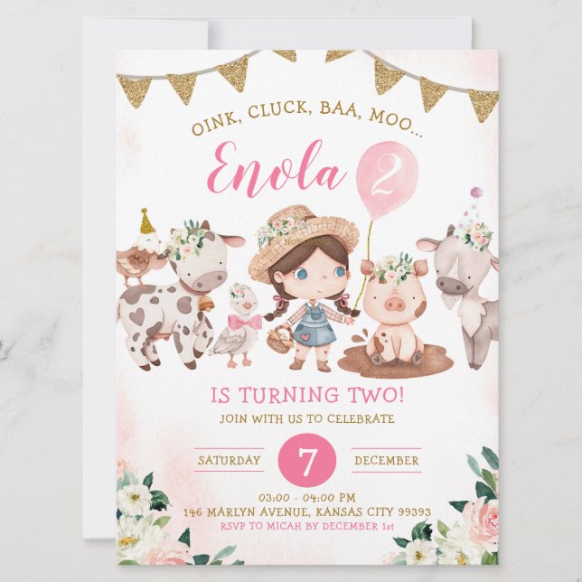 Pink and Gold Girl Farm Birthday Invitation (Front)