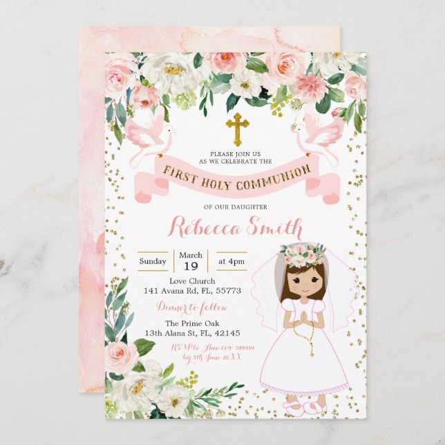 Pink and Gold Girl First Holy Communion Invitation (Front/Back)