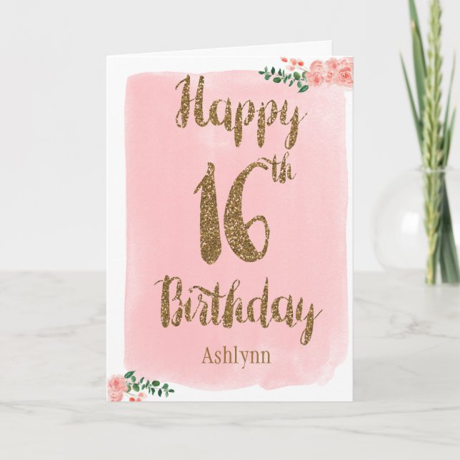 Pink and Gold Glitter 16th Birthday Card (Front)
