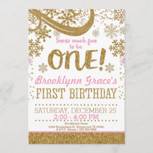 Pink and Gold Glitter 1st Birthday Winter One Invitation