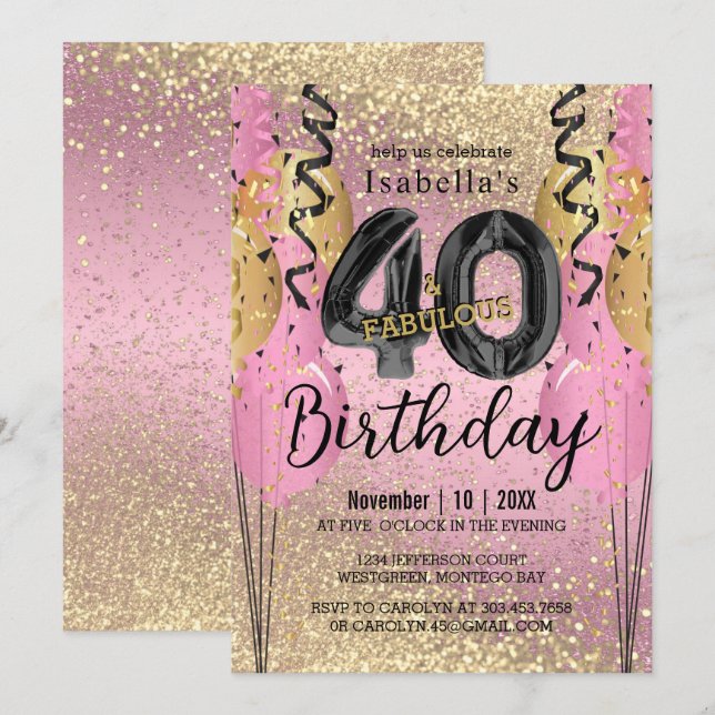 Pink and Gold Glitter 40th Birthday  Invitation (Front/Back)