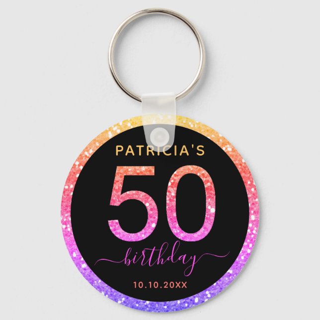Pink And Gold Glitter 50th Birthday Party Favour   Key Ring (Front)