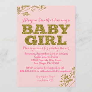 Pink and Gold Glitter Baby Girl Shower Invitation