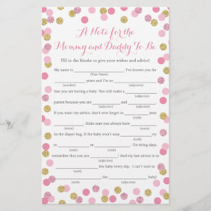 Pink and Gold Glitter Baby Shower Advice Game Card