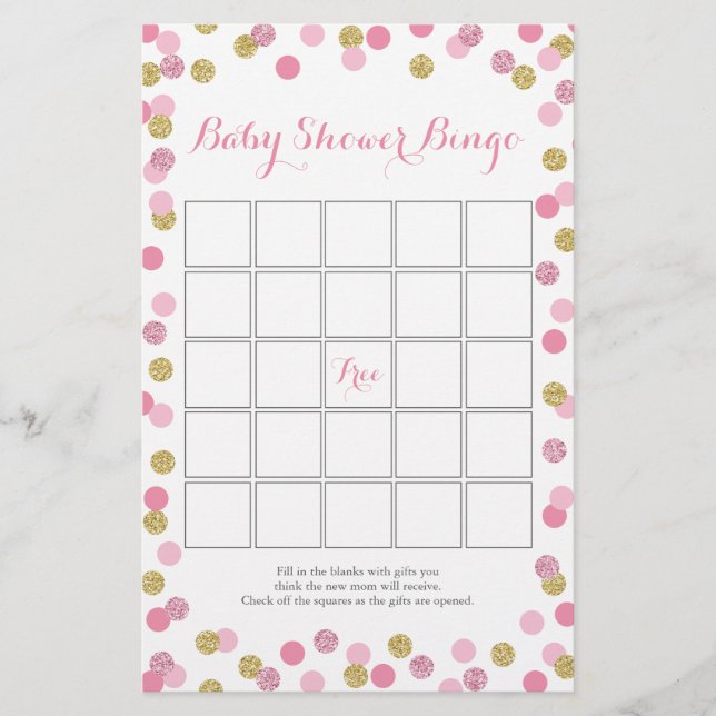 Pink and Gold Glitter Baby Shower Bingo Game Flyer (Front)