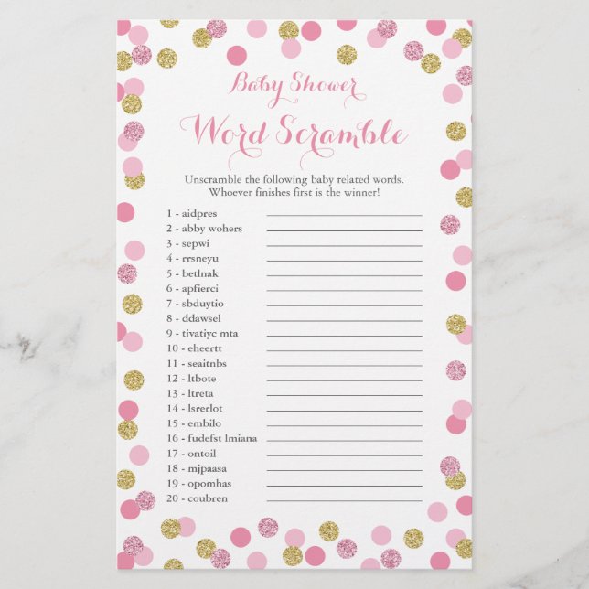 Pink and Gold Glitter Baby Shower Word Scramble Flyer (Front)