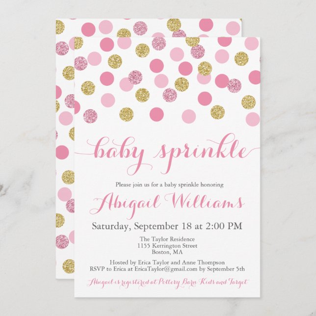 Pink and Gold Glitter Baby Sprinkle Invitations (Front/Back)