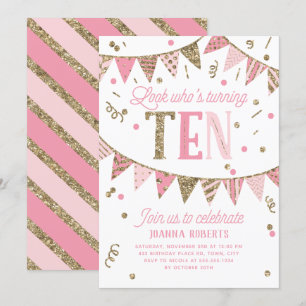 Pink and Gold Glitter Banner 10th Birthday Party Invitation