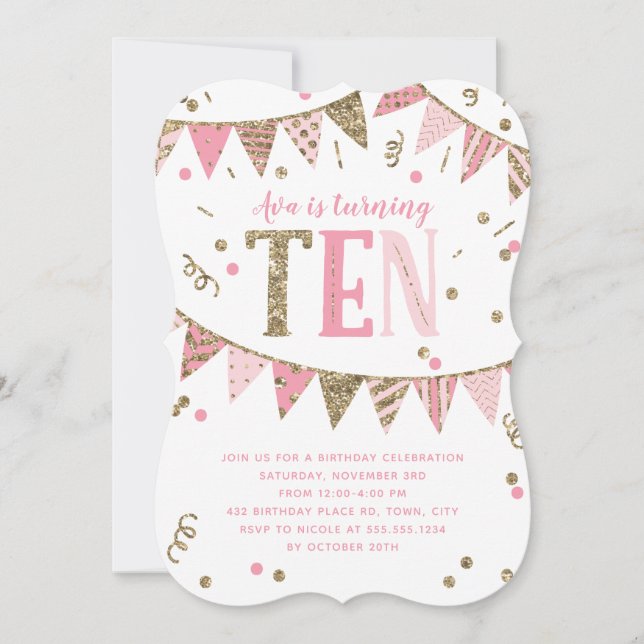 Pink and Gold Glitter Banner 10th Birthday Party Invitation (Front)