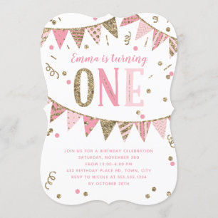 Pink and Gold Glitter Banner 1st Birthday Party Invitation