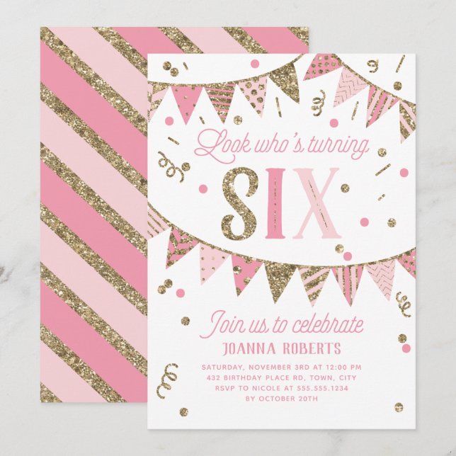 Pink and Gold Glitter Banner Sixth Birthday Party Invitation (Front/Back)