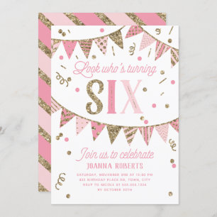 Pink and Gold Glitter Banner Sixth Birthday Party Invitation