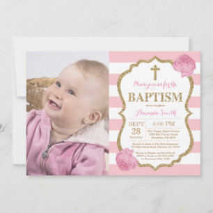 Pink and Gold Glitter Baptism Invitation