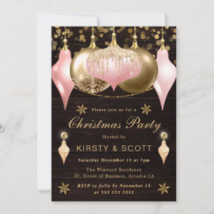 Pink and Gold Glitter Baubles Christmas Party Invitation