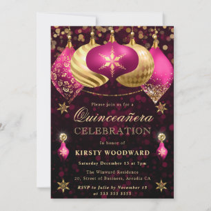 Pink and Gold Glitter Baubles Quinceanera Invitation