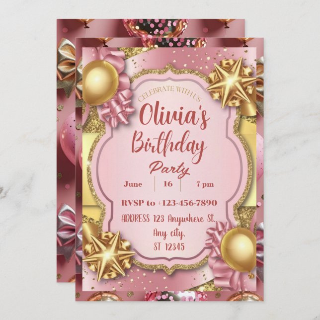 Pink and Gold Glitter Birthday Invite (Front/Back)