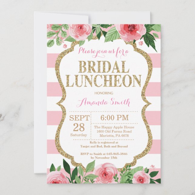 Pink and Gold Glitter Bridal Luncheon Invitation (Front)